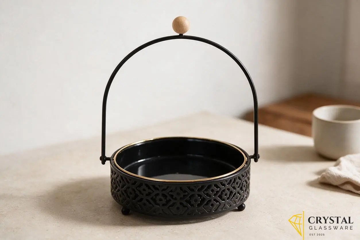 Black elegant serving platter with integrated stand
